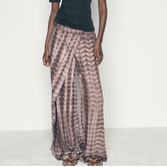 Zara Pants - ZARA pants Womens L Flowy Wide Leg Wrap Linen Tie Dye Brown Hi Rise 3046/063 New
